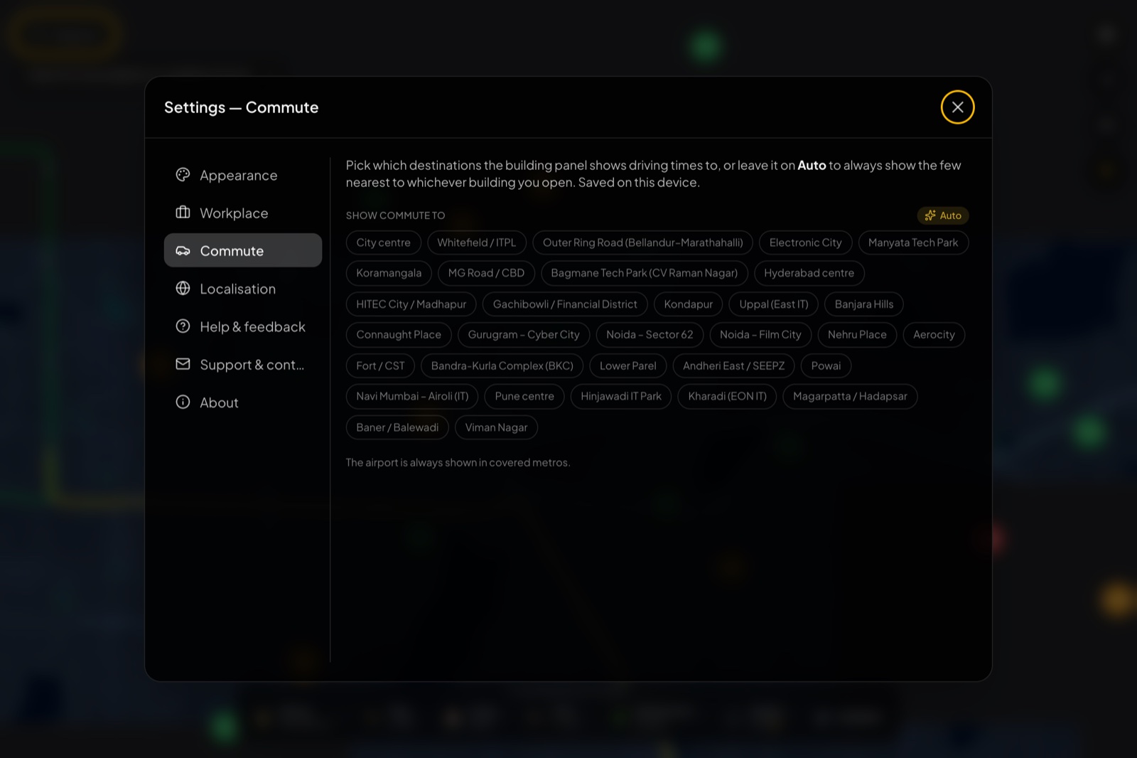 Settings, Commute tab: a grid of destination chips for tech parks and business districts across Bengaluru, Hyderabad, Mumbai, Pune, and Delhi/NCR, with an Auto toggle.