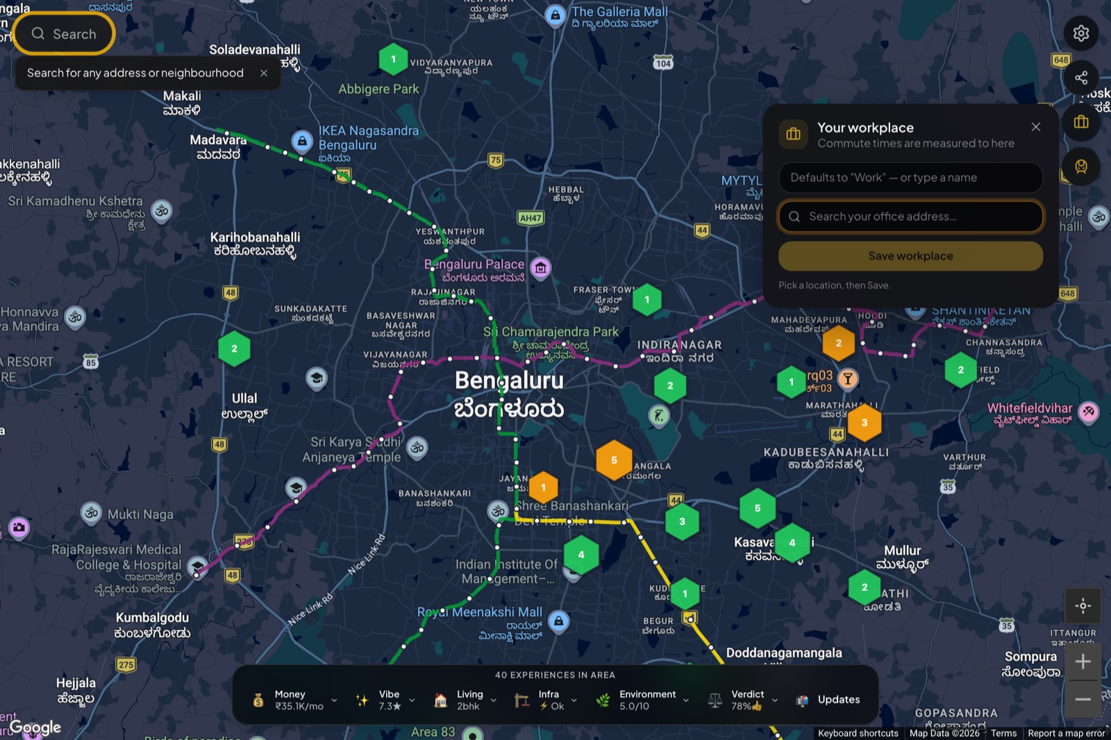 The &ldquo;Your workplace&rdquo; panel: a name field, an office-address search, and a Save button, over the map with metro lines drawn in.