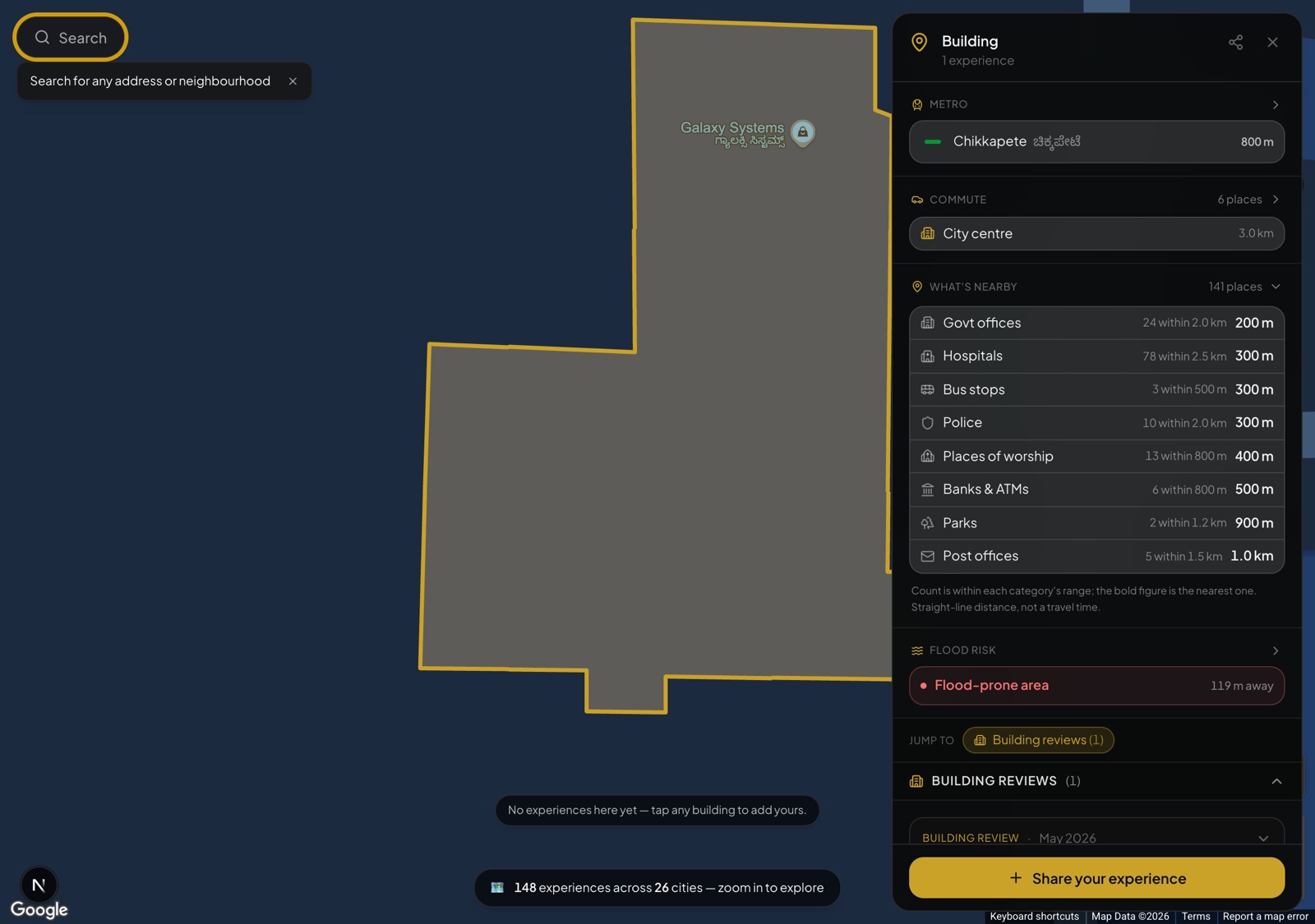 know.place building panel: header, a Metro section with the nearest station, a Commute section, What&rsquo;s nearby (expanded to show counts of hospitals, bus stops, police, banks and more), a Flood risk section, and building reviews.