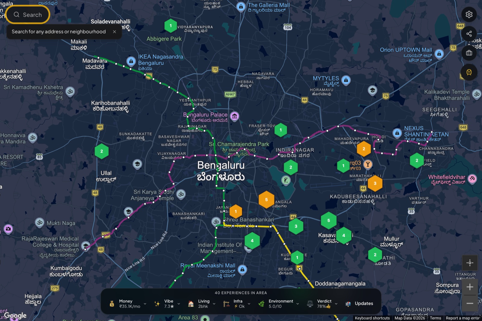 know.place map of Bengaluru with the metro network drawn over it, colour-coded by line, alongside the rated building hexagons.