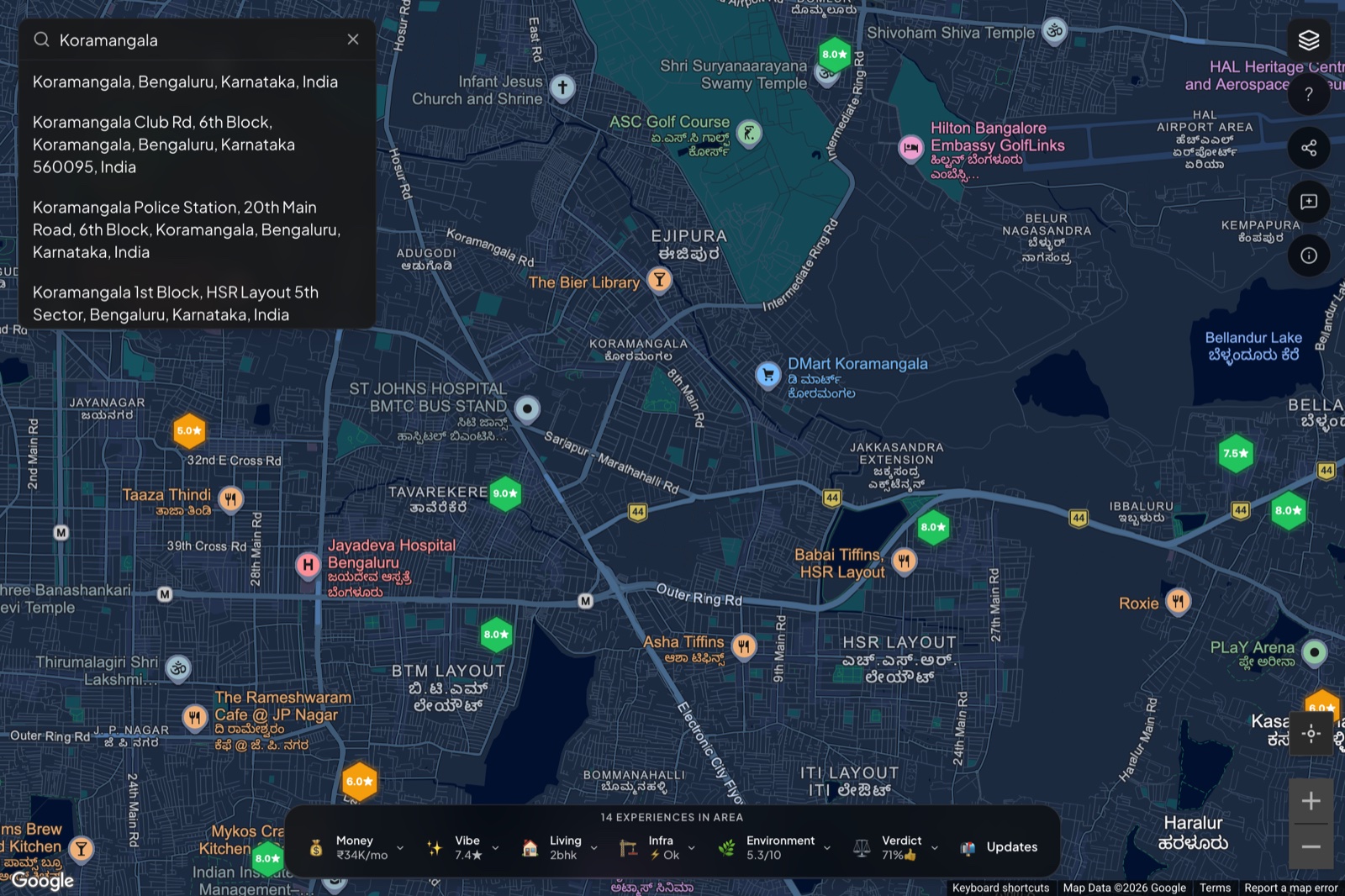 Search dropdown with a neighbourhood query typed, showing 4 autocomplete suggestions for areas, addresses, and police-station landmarks. Works the same way for any Indian city.